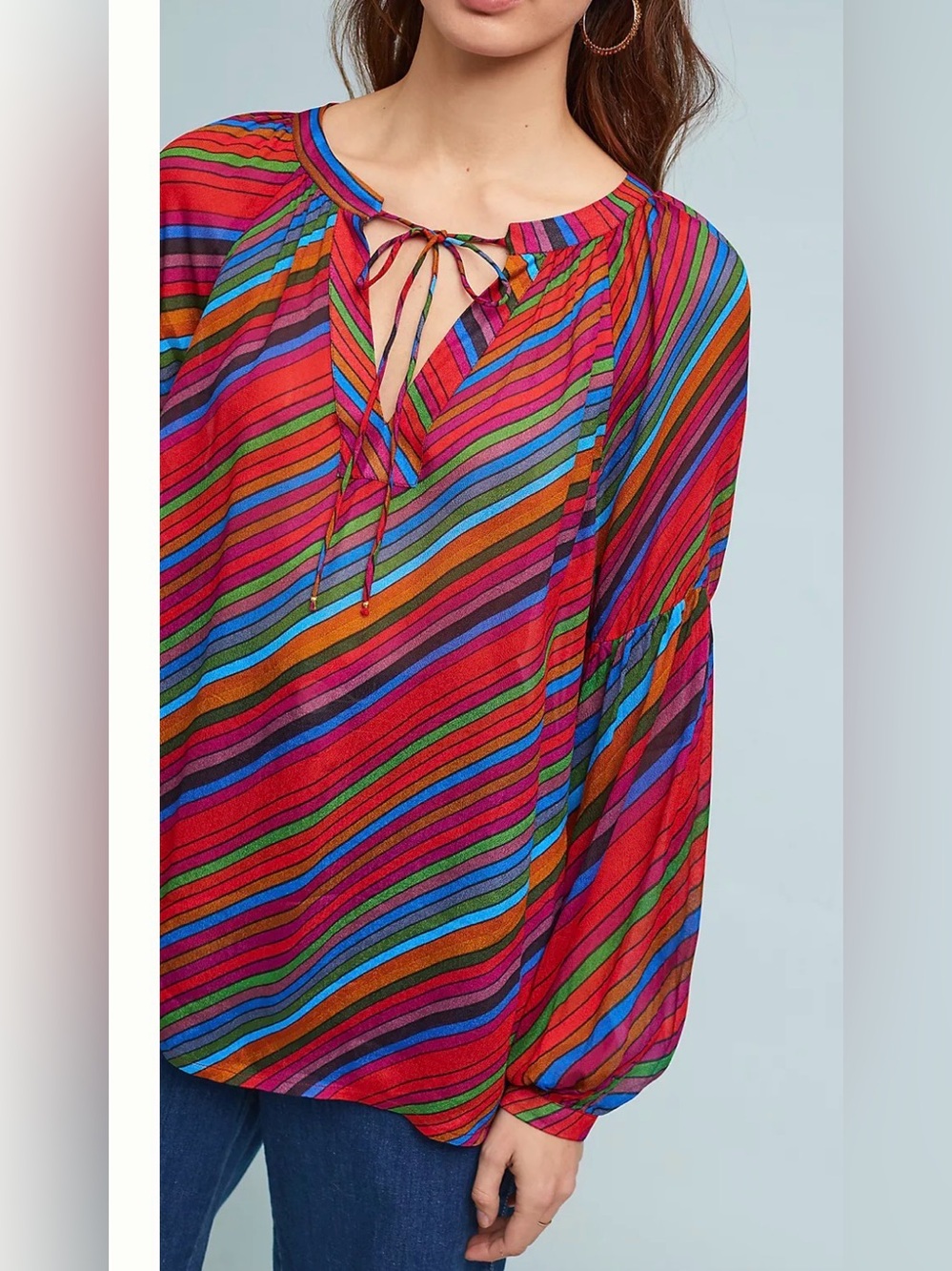 Anthropologie retro striped multicolor flowy peasant semi-sheer top- M - Picture 2 of 15